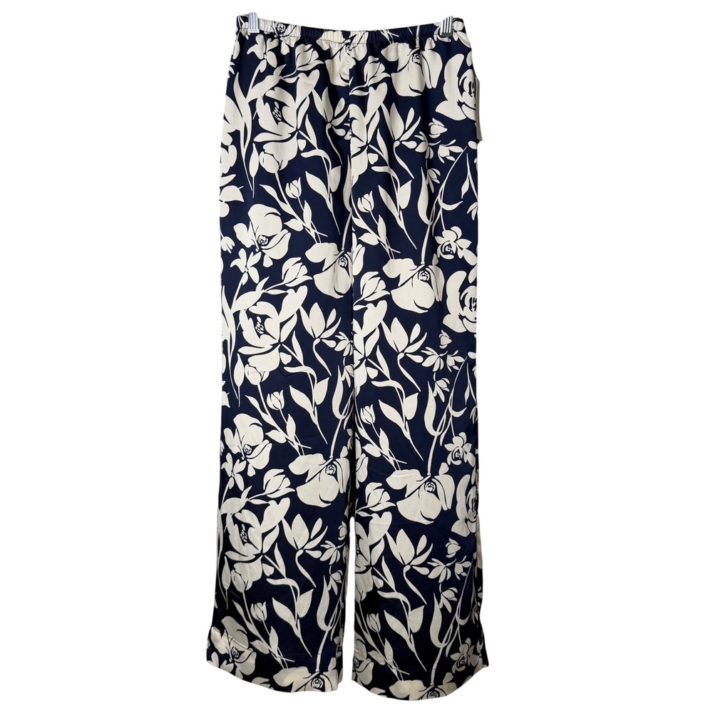 A New Day Wide Leg Pants Womens XS Navy Floral Elastic Waist Pockets Boho New